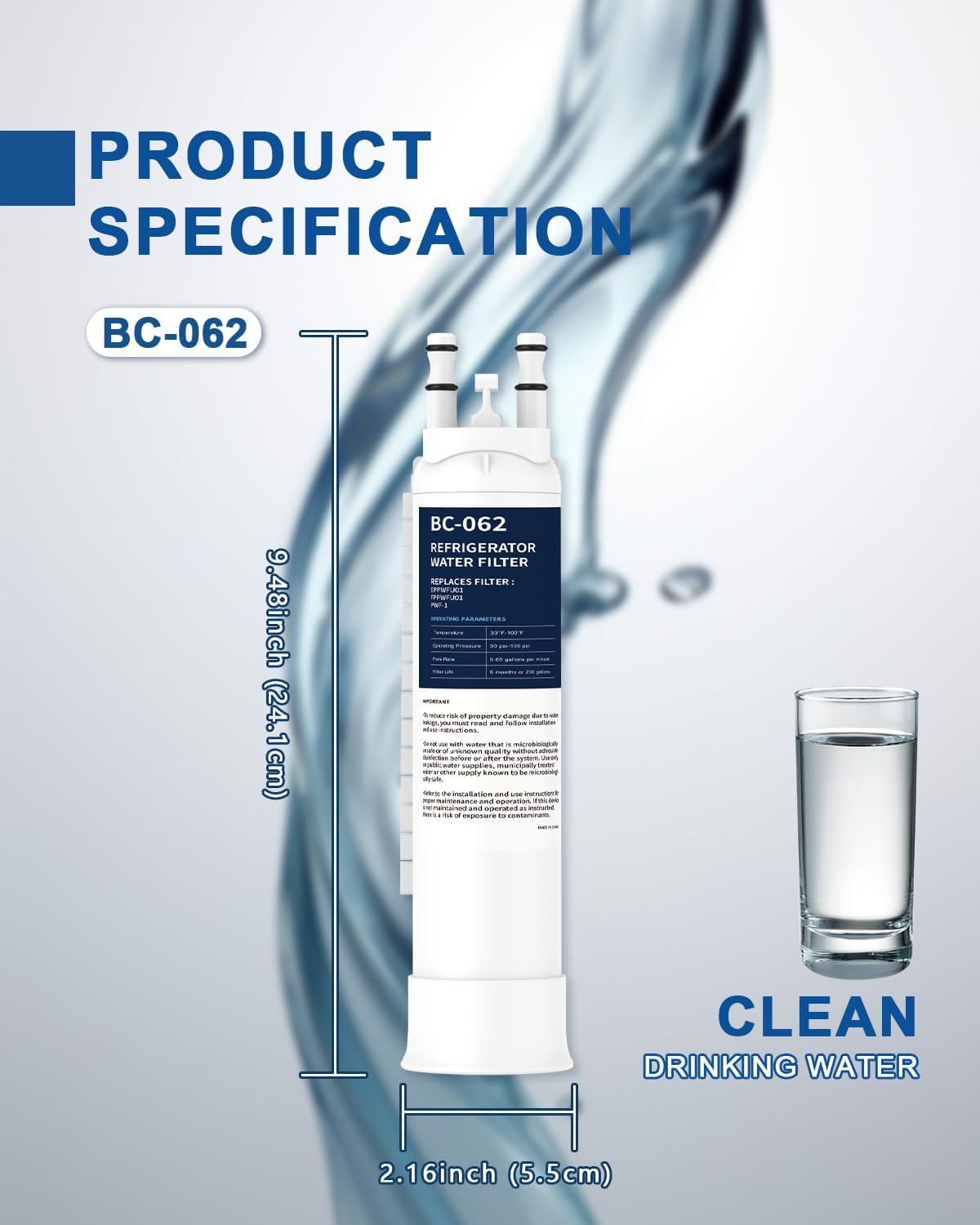 Refrigerator Water Filter Replacement 2 Pack for FPPWFU01 EPPWFU01 PWF-1 GRFC2353AD GRFC2353AF GRFN2853AF GRFS2853AD GRFS2853AF GRSS2652AF