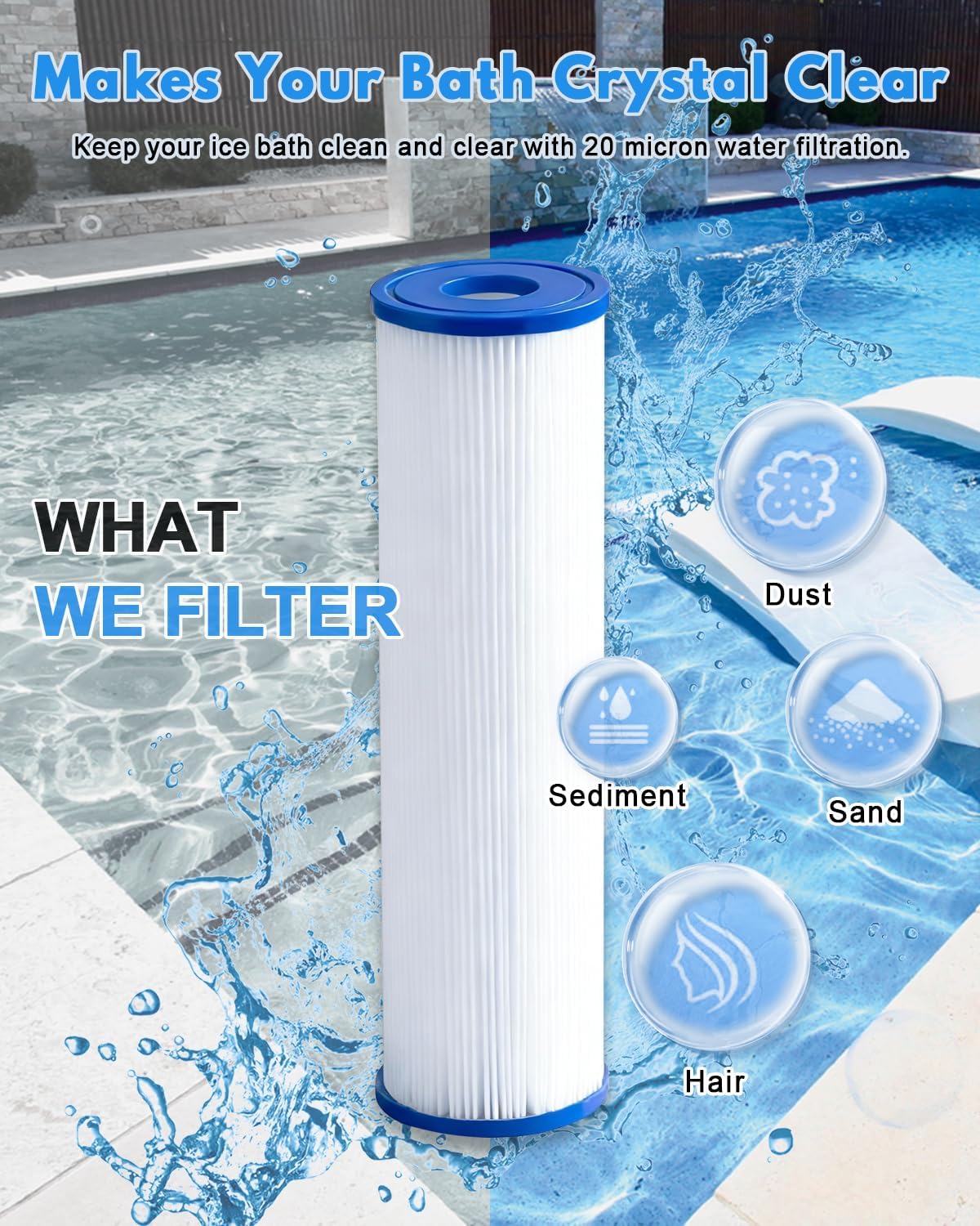 Cold Plunge Filter Cartridge 20 Micron Pleated Sediment Filter 10"x2.5" (6 Pack) Replacement for Most Compatible with Cold Plunge Chiller,Ice Bath Chiller